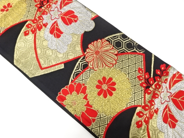 アンティーク　地紙に桐・菊模様織り出し袋帯（着用可）